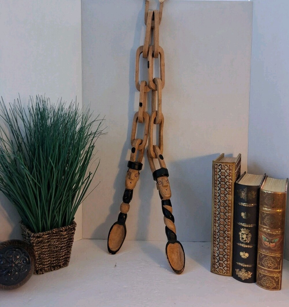 Rare 28" Handcarved Wedding Spoons - Wooden Chain with Folk Art Faces